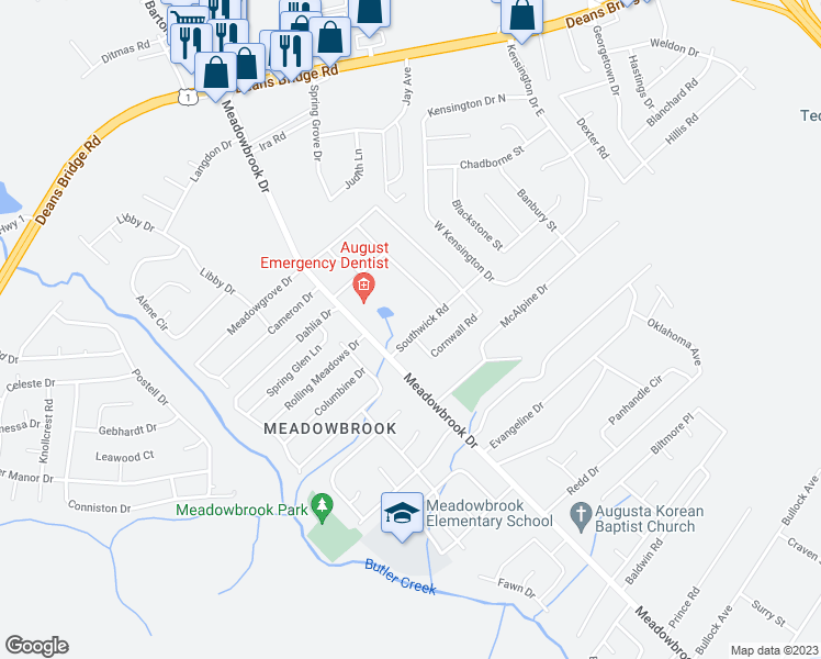 map of restaurants, bars, coffee shops, grocery stores, and more near 3517 Southwick Road in Augusta