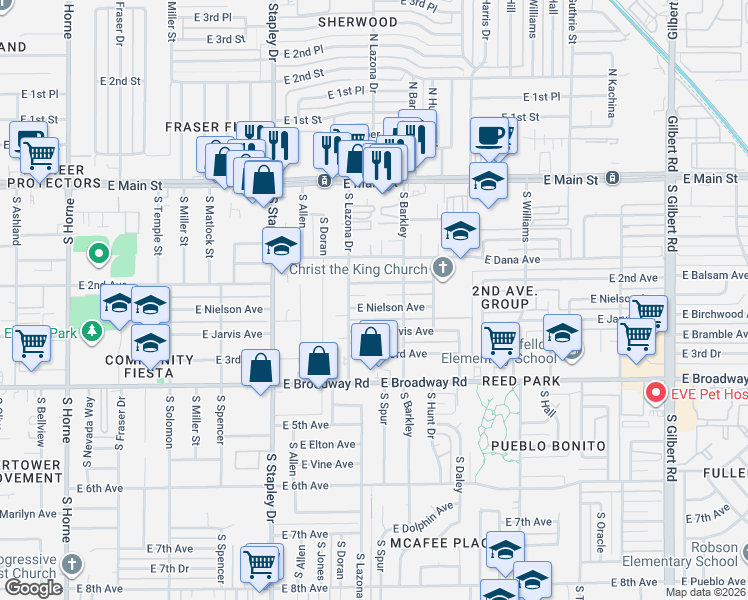 map of restaurants, bars, coffee shops, grocery stores, and more near 1404 East Nielson Avenue in Mesa