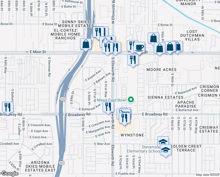 map of restaurants, bars, coffee shops, grocery stores, and more near 216 South Ellsworth Road in Mesa