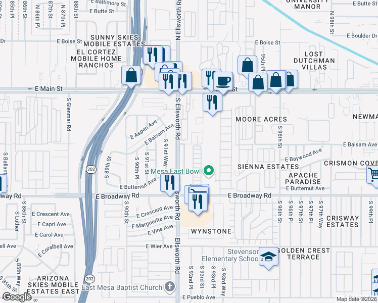 map of restaurants, bars, coffee shops, grocery stores, and more near 213 South 92nd Place in Mesa