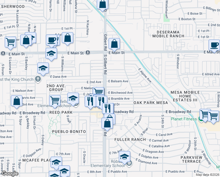 map of restaurants, bars, coffee shops, grocery stores, and more near 2023 East Bayberry Avenue in Mesa