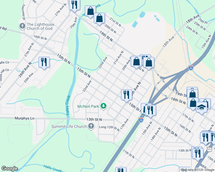 map of restaurants, bars, coffee shops, grocery stores, and more near 2011 15th Street North in Bessemer