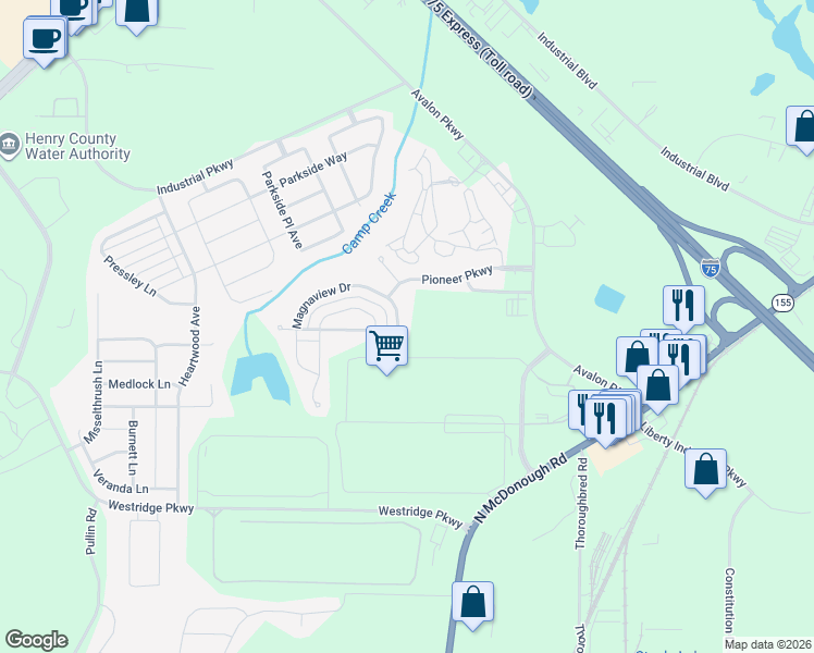map of restaurants, bars, coffee shops, grocery stores, and more near 217 Magnaview Drive in McDonough