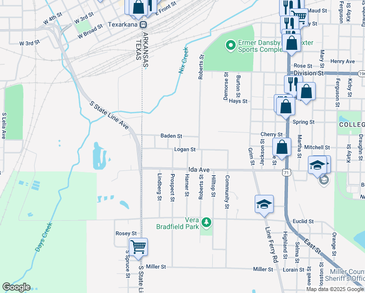 map of restaurants, bars, coffee shops, grocery stores, and more near 1026 Wilson Street in Texarkana