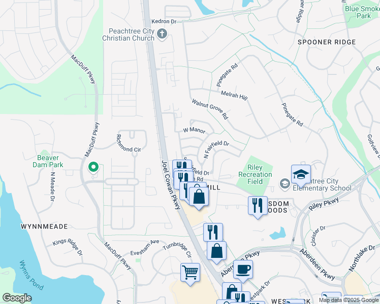 map of restaurants, bars, coffee shops, grocery stores, and more near 206 Birch Road in Peachtree City