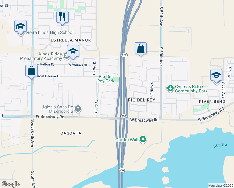 map of restaurants, bars, coffee shops, grocery stores, and more near 6201 West Southgate Street in Phoenix
