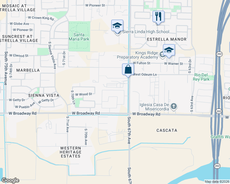 map of restaurants, bars, coffee shops, grocery stores, and more near 6765 West Southgate Avenue in Phoenix