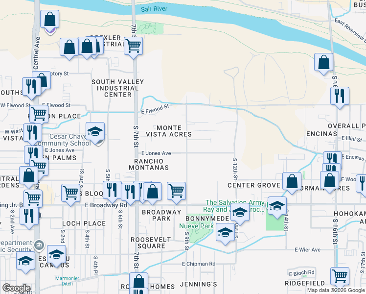 map of restaurants, bars, coffee shops, grocery stores, and more near 850 East Jones Avenue in Phoenix