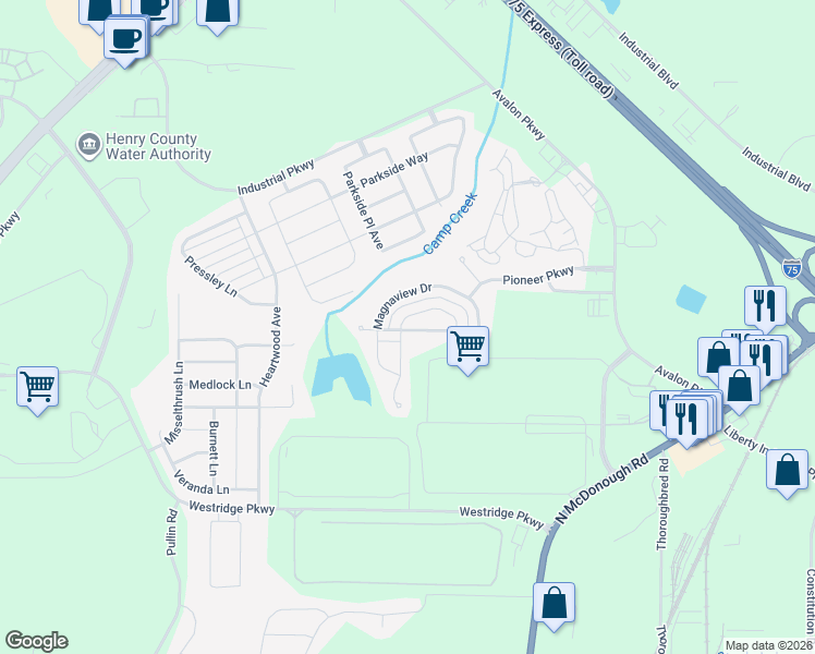 map of restaurants, bars, coffee shops, grocery stores, and more near 268 Magnaview Drive in McDonough