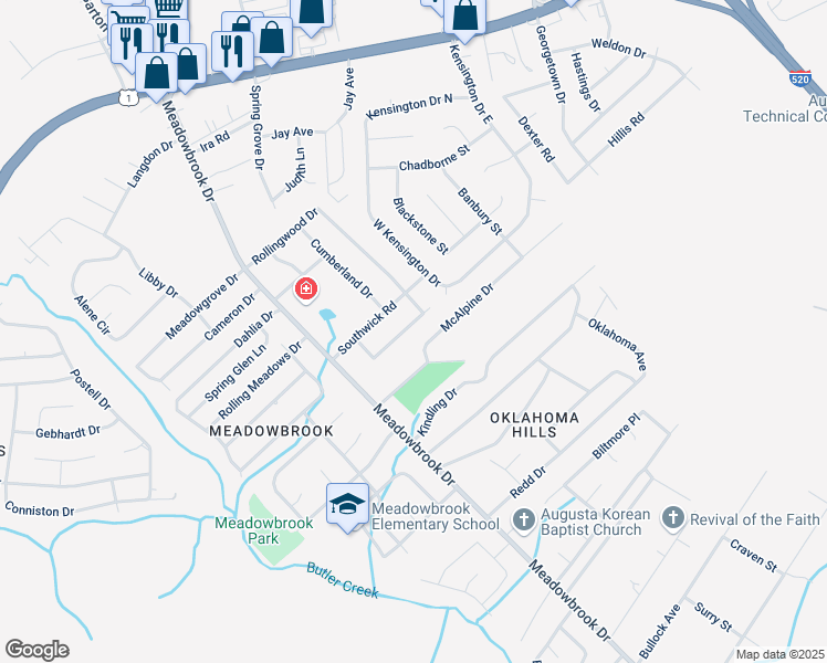 map of restaurants, bars, coffee shops, grocery stores, and more near 3510 Cornwall Road in Augusta