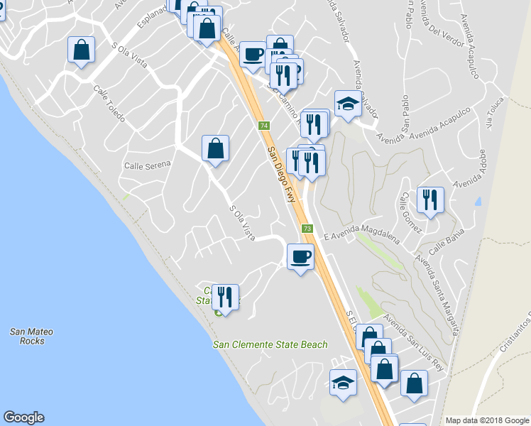 map of restaurants, bars, coffee shops, grocery stores, and more near 110 Paseo De La Serenata in San Clemente
