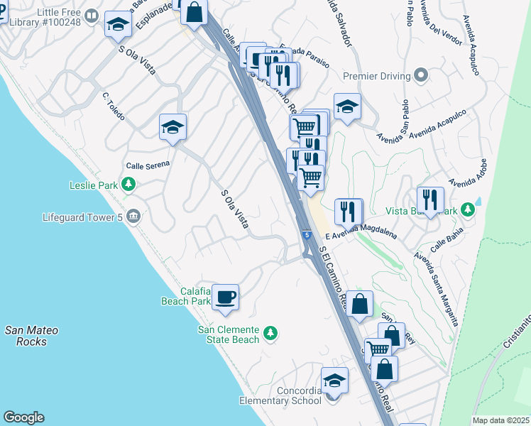 map of restaurants, bars, coffee shops, grocery stores, and more near 110 Paseo De La Serenata in San Clemente