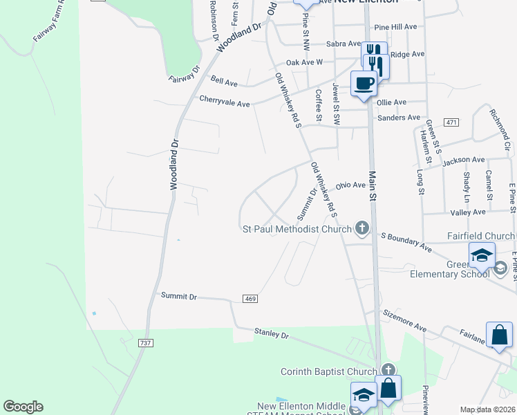 map of restaurants, bars, coffee shops, grocery stores, and more near 407 Hillcrest Drive in New Ellenton