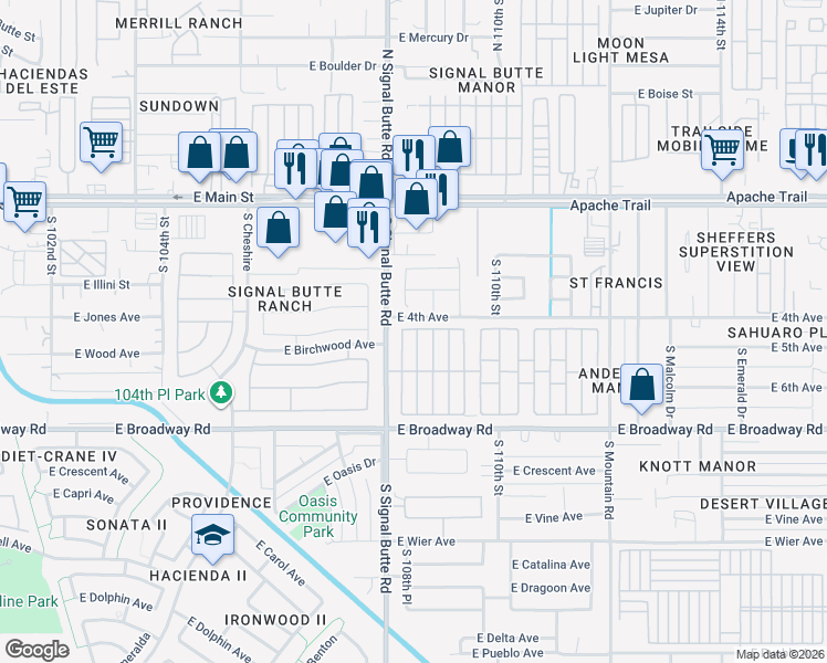 map of restaurants, bars, coffee shops, grocery stores, and more near 162 South Hassett Circle in Mesa