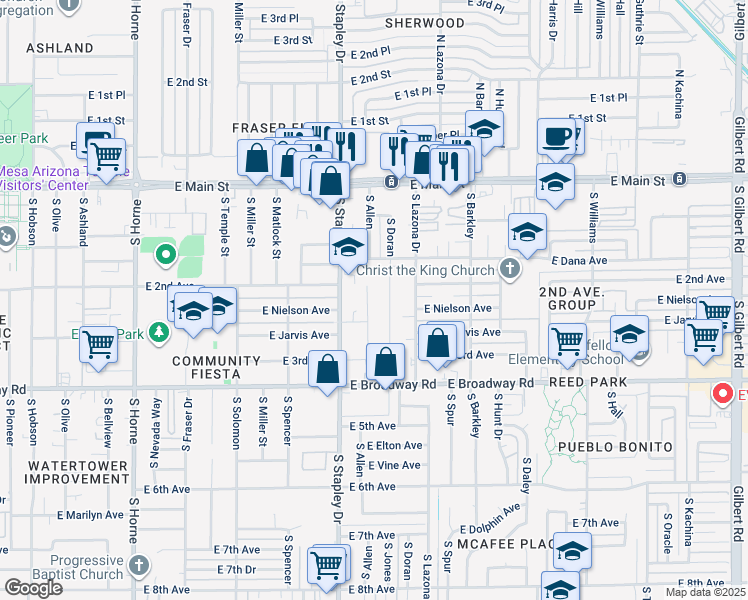 map of restaurants, bars, coffee shops, grocery stores, and more near 219 S Allen in Mesa