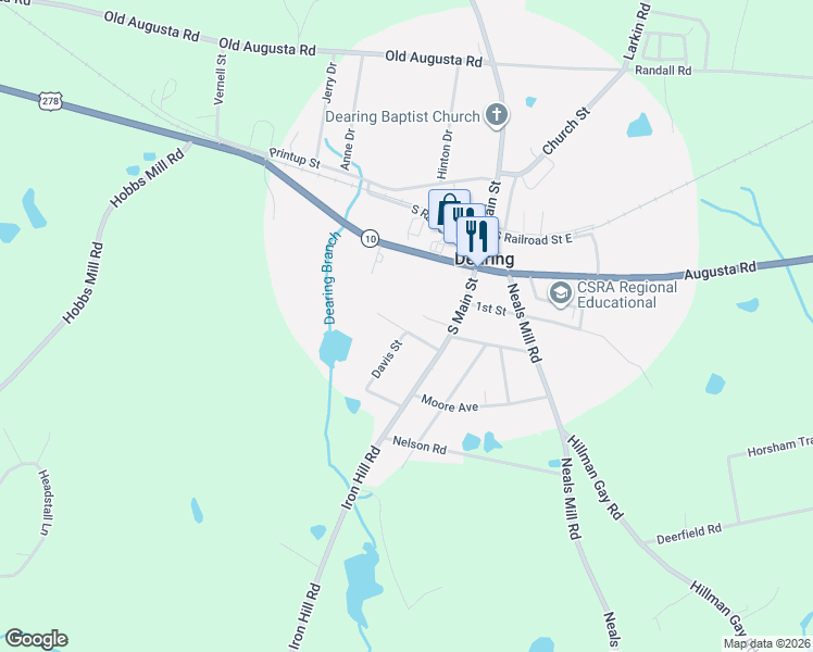 map of restaurants, bars, coffee shops, grocery stores, and more near 121 Reeves Street in Dearing