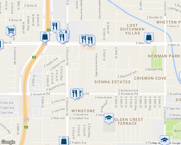 map of restaurants, bars, coffee shops, grocery stores, and more near 9302 East Broadway Road in Mesa