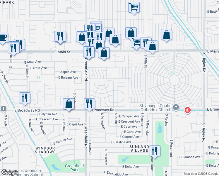 map of restaurants, bars, coffee shops, grocery stores, and more near Circ Bude Street in Mesa