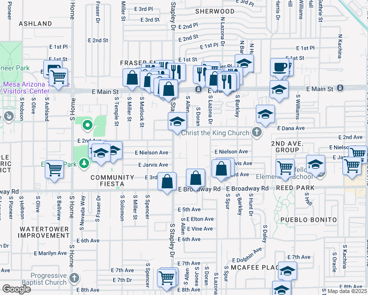 map of restaurants, bars, coffee shops, grocery stores, and more near 219 South Allen in Mesa