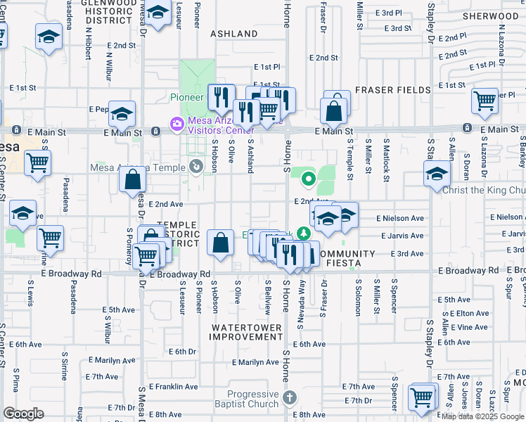 map of restaurants, bars, coffee shops, grocery stores, and more near 723 East 2nd Avenue in Mesa