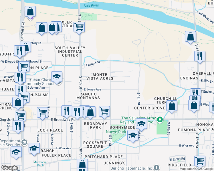 map of restaurants, bars, coffee shops, grocery stores, and more near 850 East Jones Avenue in Phoenix