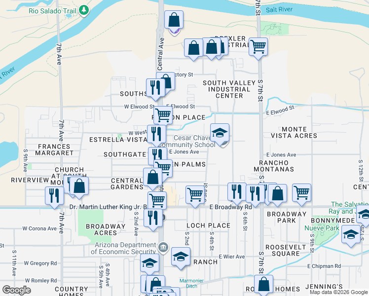 map of restaurants, bars, coffee shops, grocery stores, and more near 52 East Jones Avenue in Phoenix
