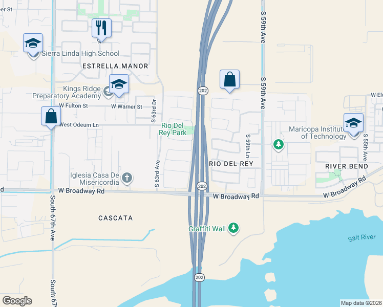 map of restaurants, bars, coffee shops, grocery stores, and more near 6201 West Southgate Street in Phoenix
