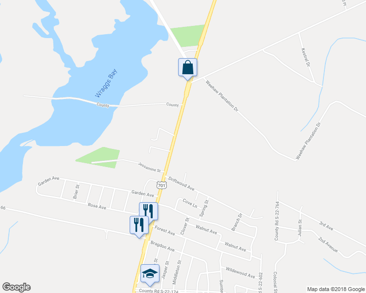 map of restaurants, bars, coffee shops, grocery stores, and more near 2591 North Fraser Street in Georgetown