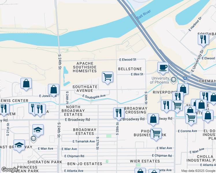 map of restaurants, bars, coffee shops, grocery stores, and more near 2730 East Jones Avenue in Phoenix