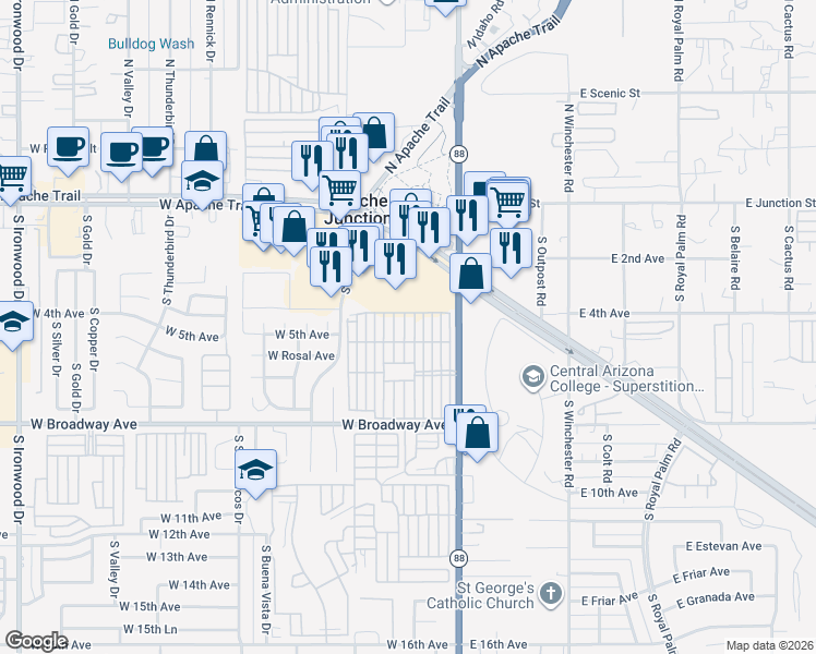 map of restaurants, bars, coffee shops, grocery stores, and more near 447-499 4th Ave in Apache Junction