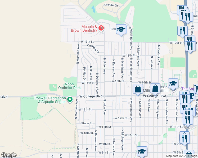 map of restaurants, bars, coffee shops, grocery stores, and more near 1604 North Union Avenue in Roswell