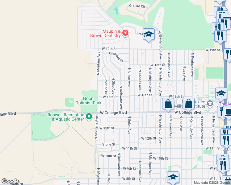 map of restaurants, bars, coffee shops, grocery stores, and more near 1605 North Ohio Avenue in Roswell