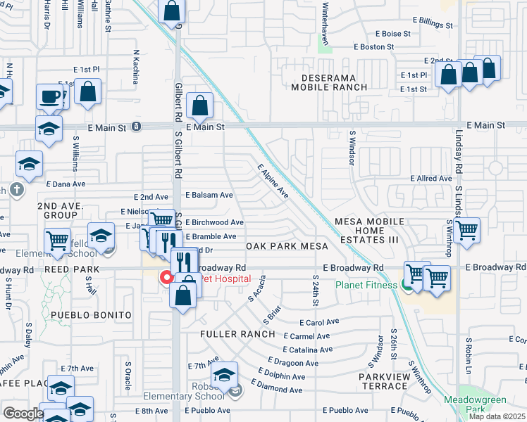map of restaurants, bars, coffee shops, grocery stores, and more near 2253 East Baywood Avenue in Mesa