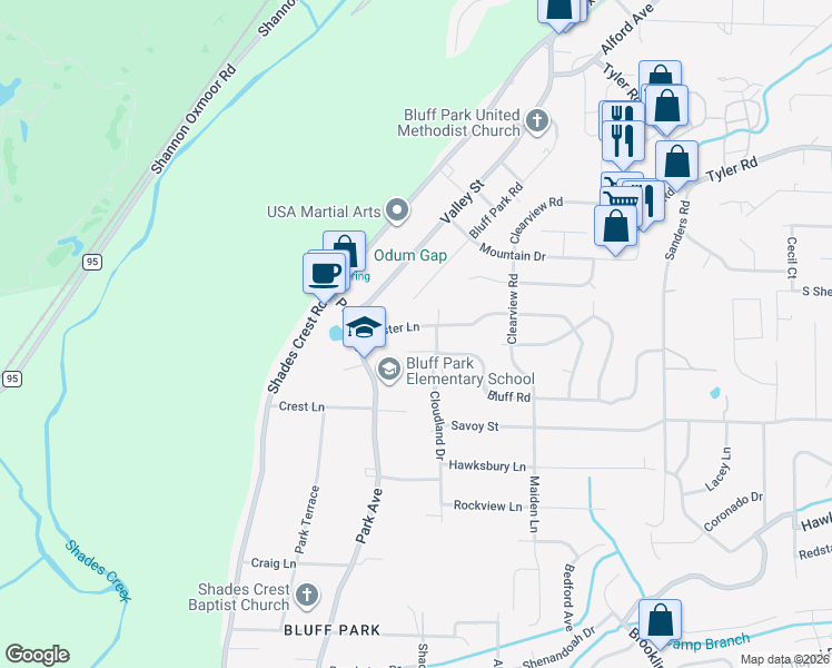 map of restaurants, bars, coffee shops, grocery stores, and more near 2120 Lester Lane in Hoover