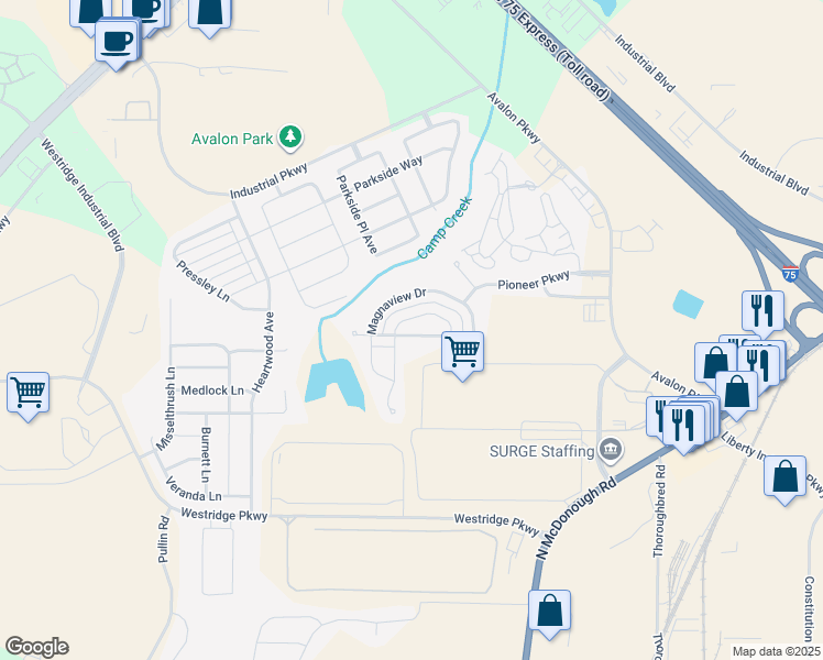 map of restaurants, bars, coffee shops, grocery stores, and more near 268 Magnaview Drive in McDonough