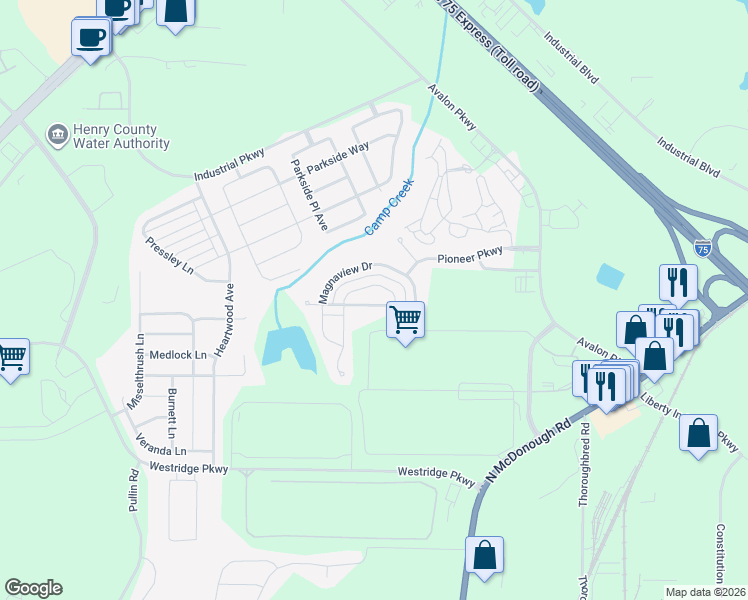 map of restaurants, bars, coffee shops, grocery stores, and more near 252 Magnaview Drive in McDonough