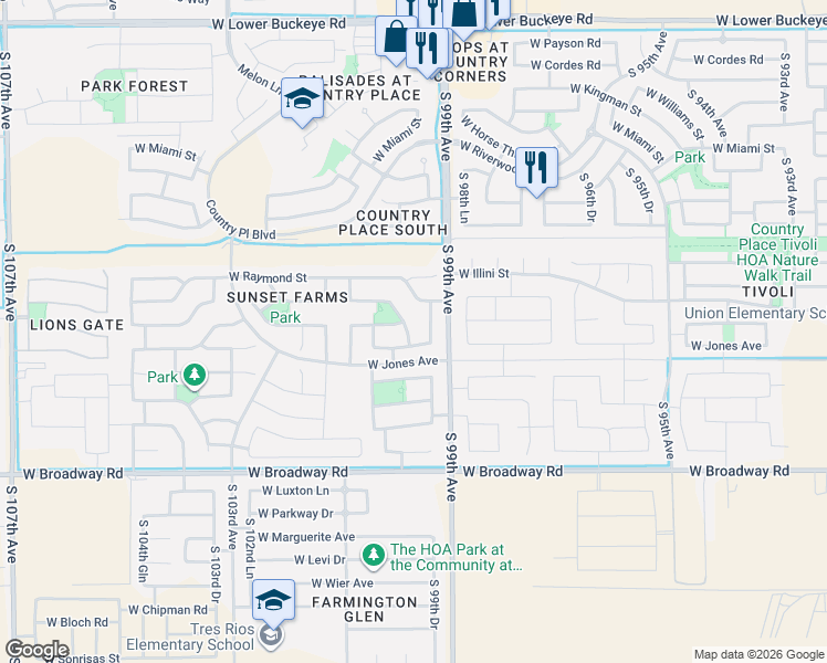 map of restaurants, bars, coffee shops, grocery stores, and more near 3825 South 100th Avenue in Tolleson