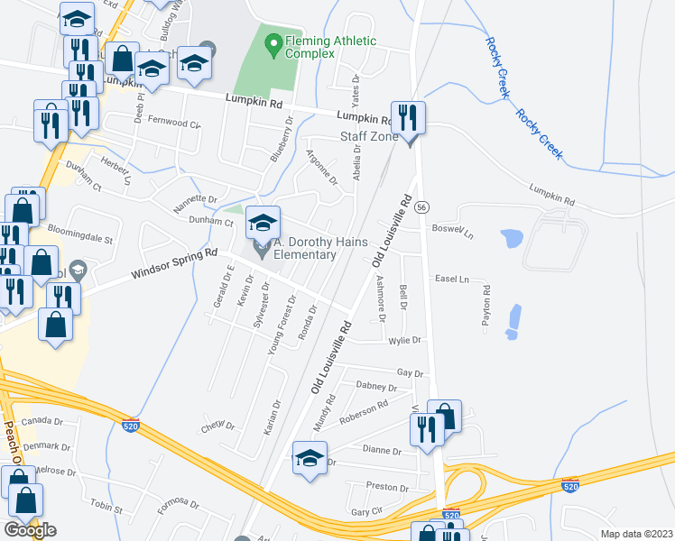 map of restaurants, bars, coffee shops, grocery stores, and more near 3104 Abelia Avenue in Augusta