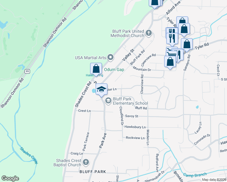 map of restaurants, bars, coffee shops, grocery stores, and more near 2120 Lester Lane in Hoover