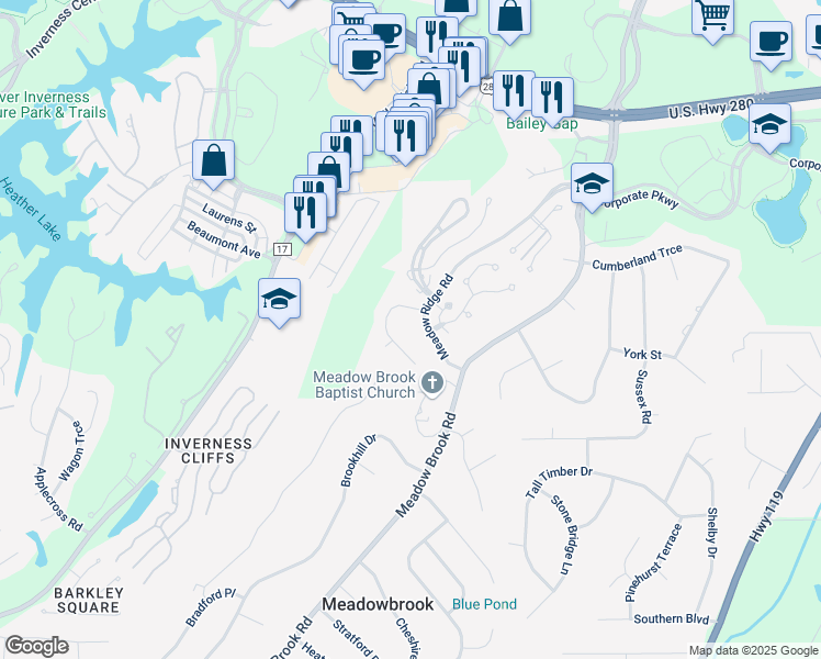 map of restaurants, bars, coffee shops, grocery stores, and more near 2404 Meadow Ridge Road in Birmingham