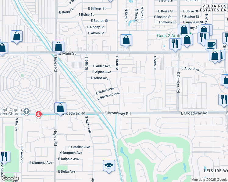 map of restaurants, bars, coffee shops, grocery stores, and more near 5555 East Aspen Avenue in Mesa