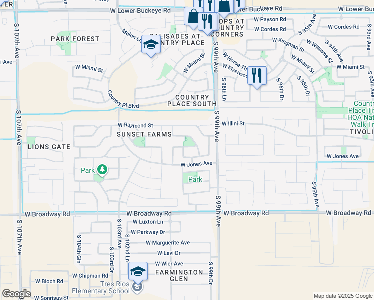 map of restaurants, bars, coffee shops, grocery stores, and more near 10021 West Albeniz Place in Tolleson