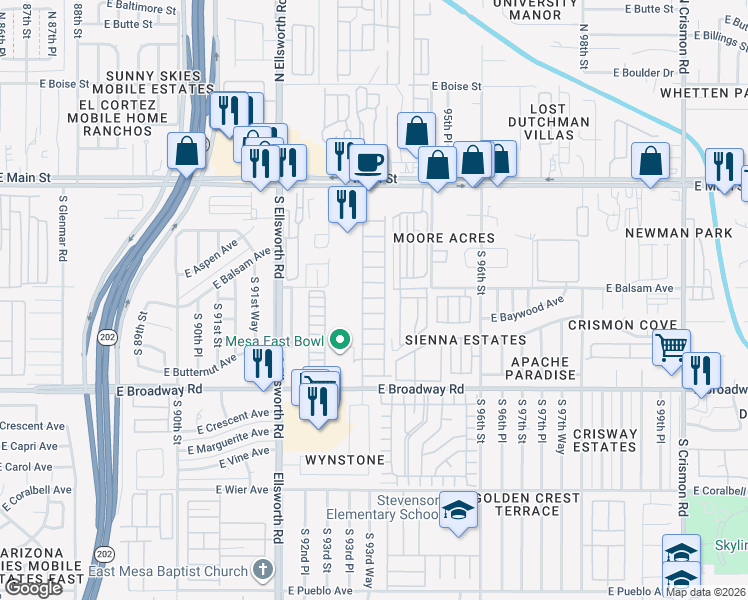 map of restaurants, bars, coffee shops, grocery stores, and more near 9302 East Broadway Road in Mesa