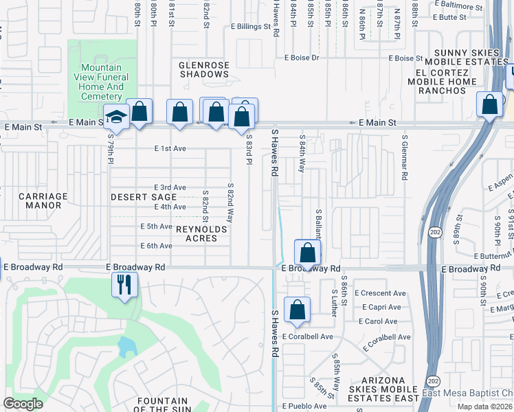 map of restaurants, bars, coffee shops, grocery stores, and more near 213 South 83rd Place in Mesa