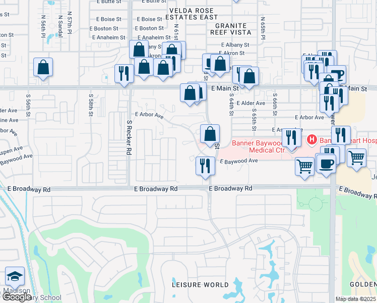 map of restaurants, bars, coffee shops, grocery stores, and more near 330 South Pinnule Circle in Mesa