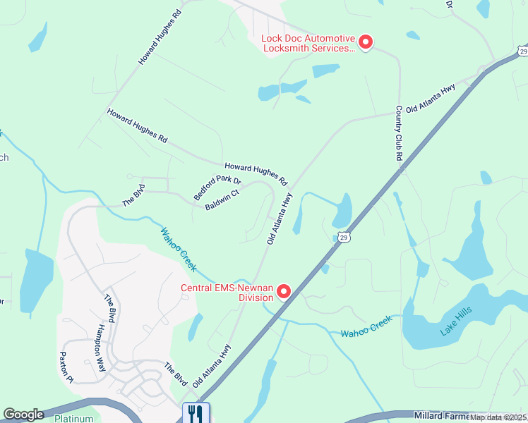 map of restaurants, bars, coffee shops, grocery stores, and more near 172 Baldwin Court in Newnan