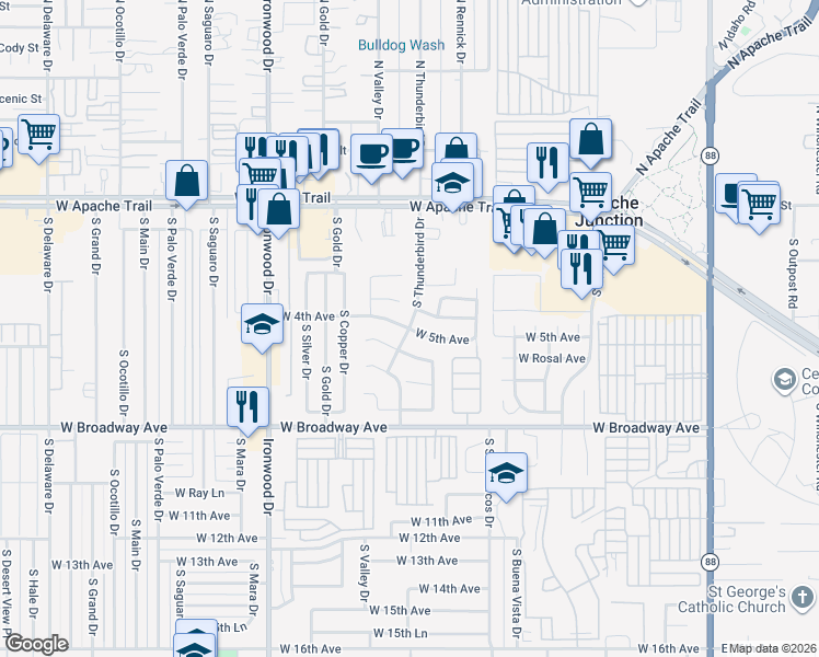 map of restaurants, bars, coffee shops, grocery stores, and more near 4th Avenue in Apache Junction