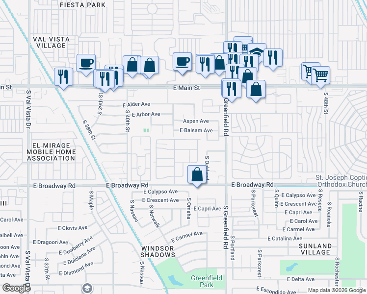 map of restaurants, bars, coffee shops, grocery stores, and more near 4202 East Broadway Road in Mesa