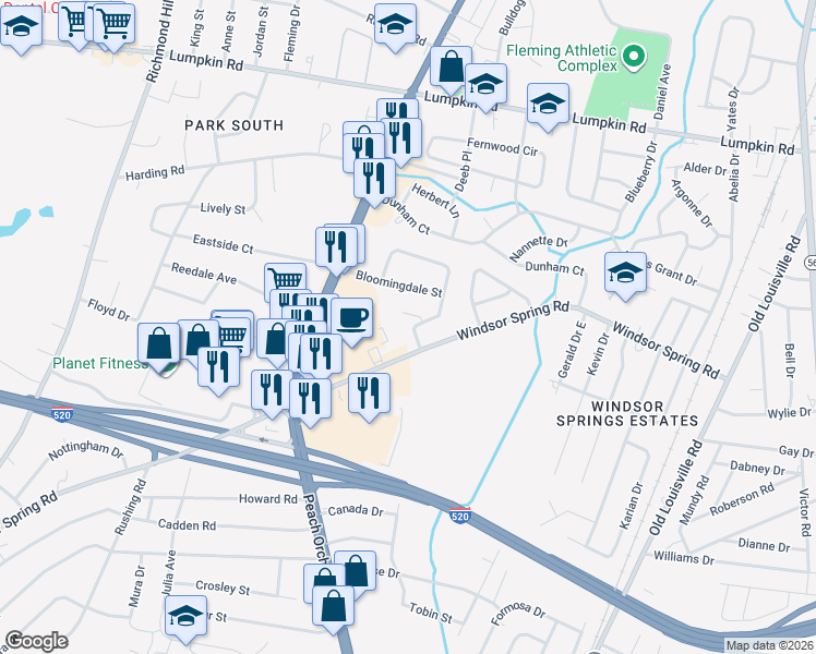 map of restaurants, bars, coffee shops, grocery stores, and more near 3035 Brighton Street in Augusta