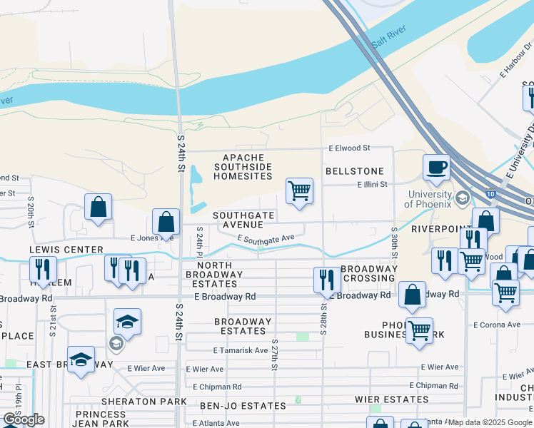 map of restaurants, bars, coffee shops, grocery stores, and more near 2625 East Illini Street in Phoenix
